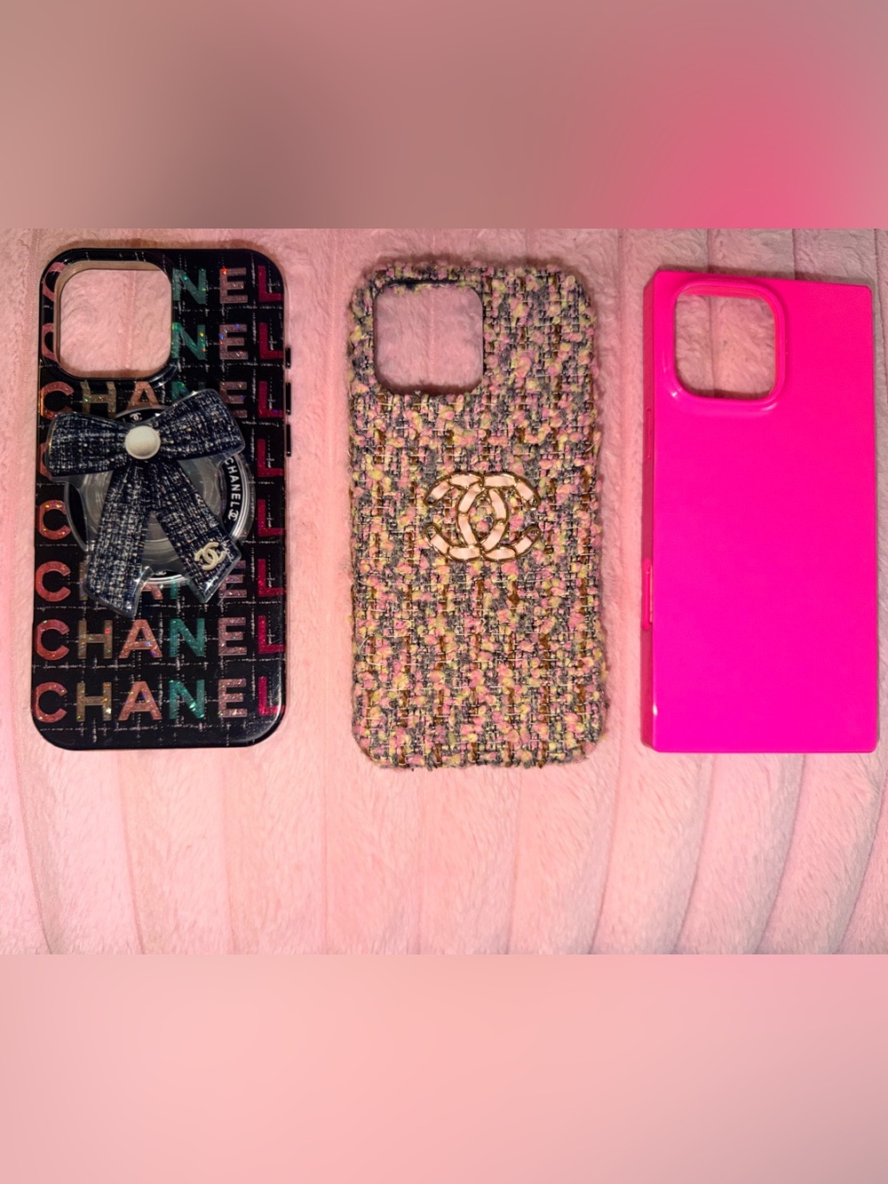 CHANEL Pink Multi Tweed Phone Case with Gold CC Emblem